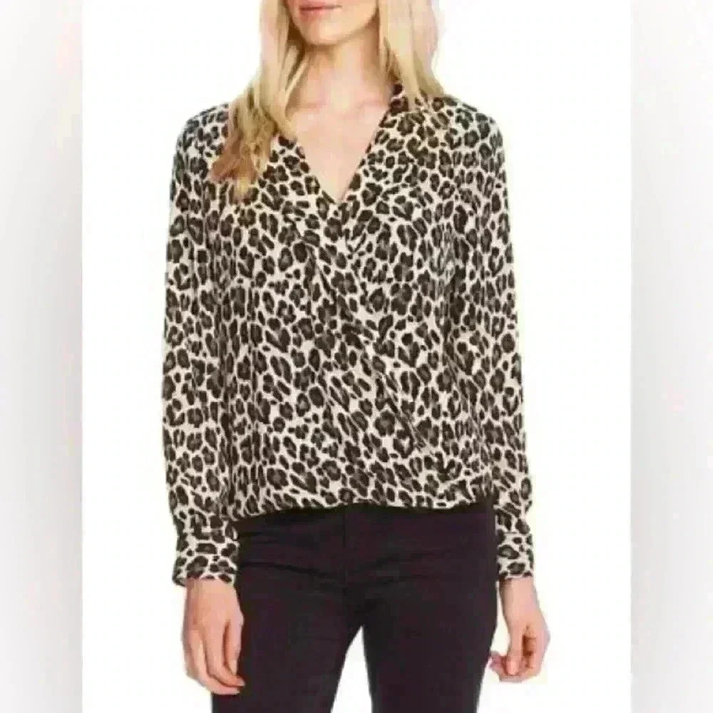 Vince Camuto Leopard Print Wrap Front Style Long Sleeve Blouse Top Size Small